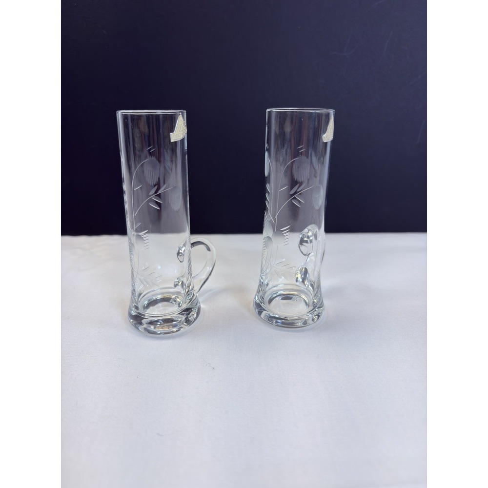 Vintage Etched Bohemian Crystal Shot Cordial Glass w/ Handles 4" Tall S2-533